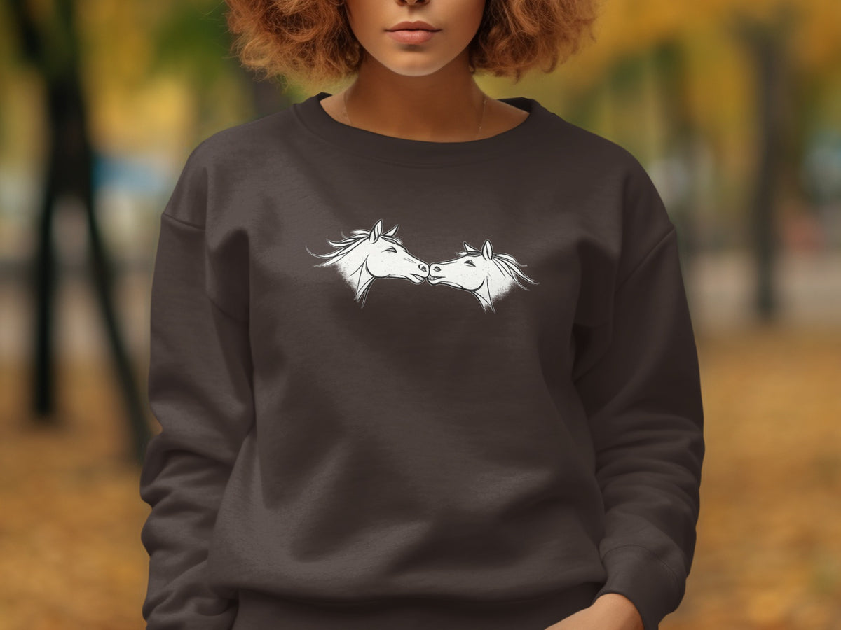 Brown sweatshirt with a white line drawing of two horses nuzzling.