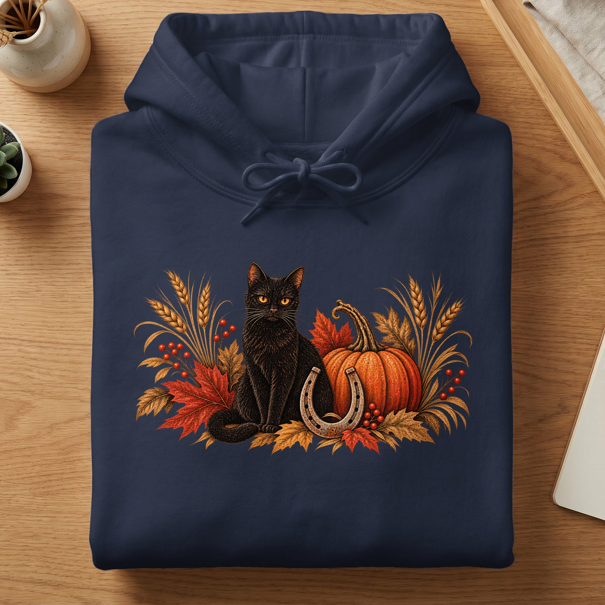 Dark blue hoodie with a graphic of a black cat, pumpkin, and horseshoe.