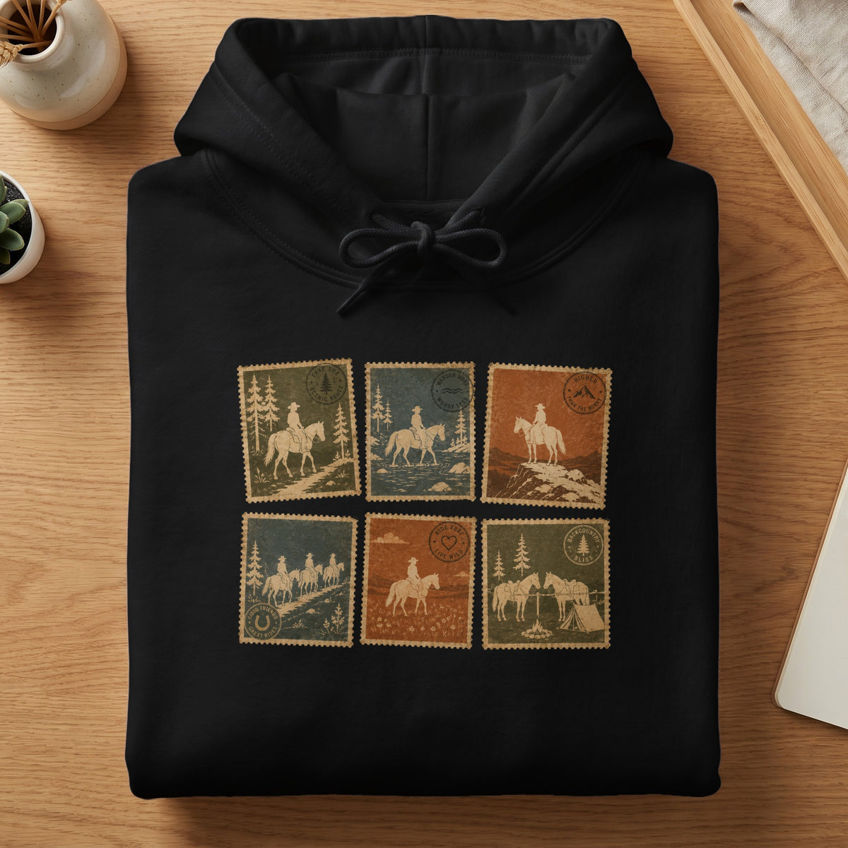 Black hoodie with six vintage stamp designs featuring cowboys and horses.