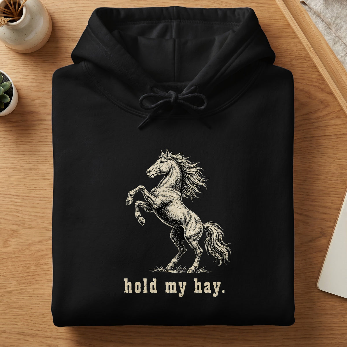 Black hoodie with a rearing horse graphic and "hold my hay." text.