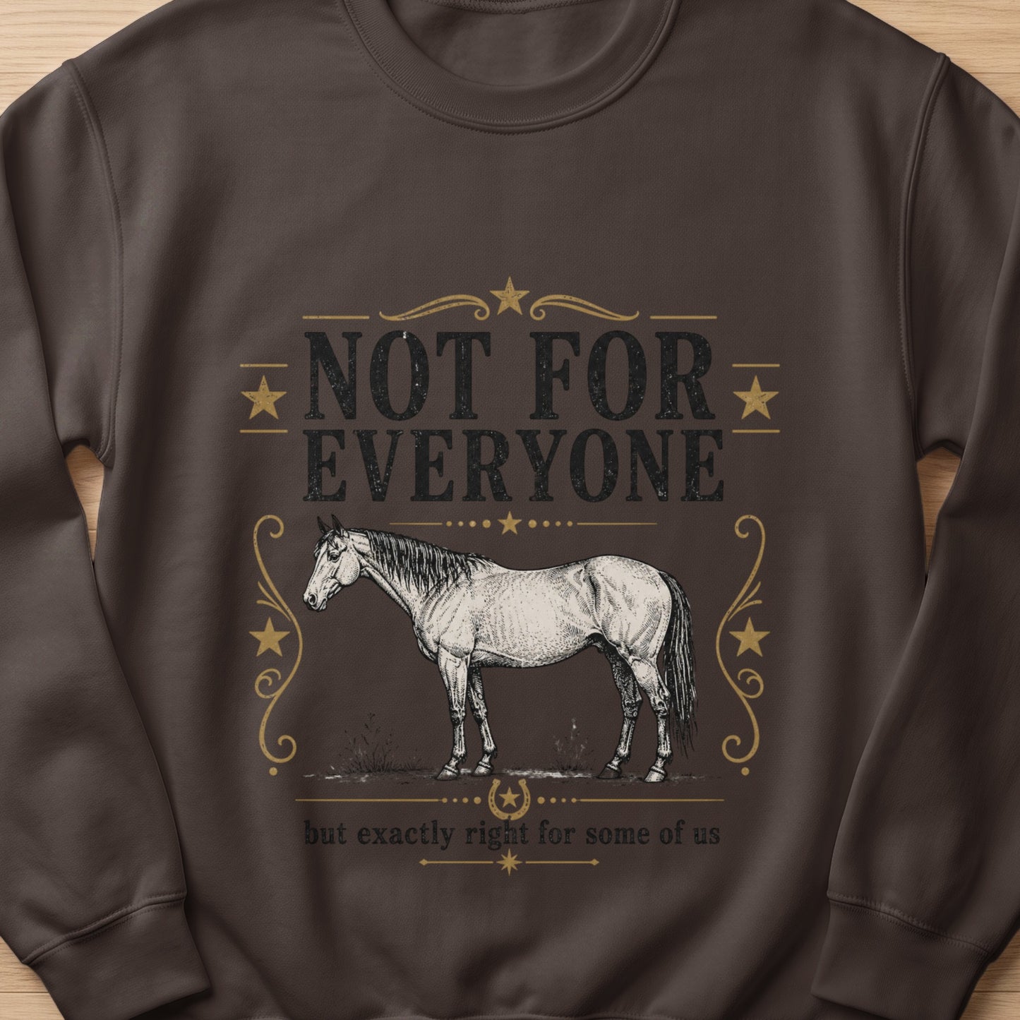 Brown sweatshirt with a sketched horse and text "NOT FOR EVERYONE but exactly right for some of us".