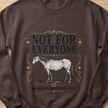 Brown sweatshirt with a sketched horse and text "NOT FOR EVERYONE but exactly right for some of us".