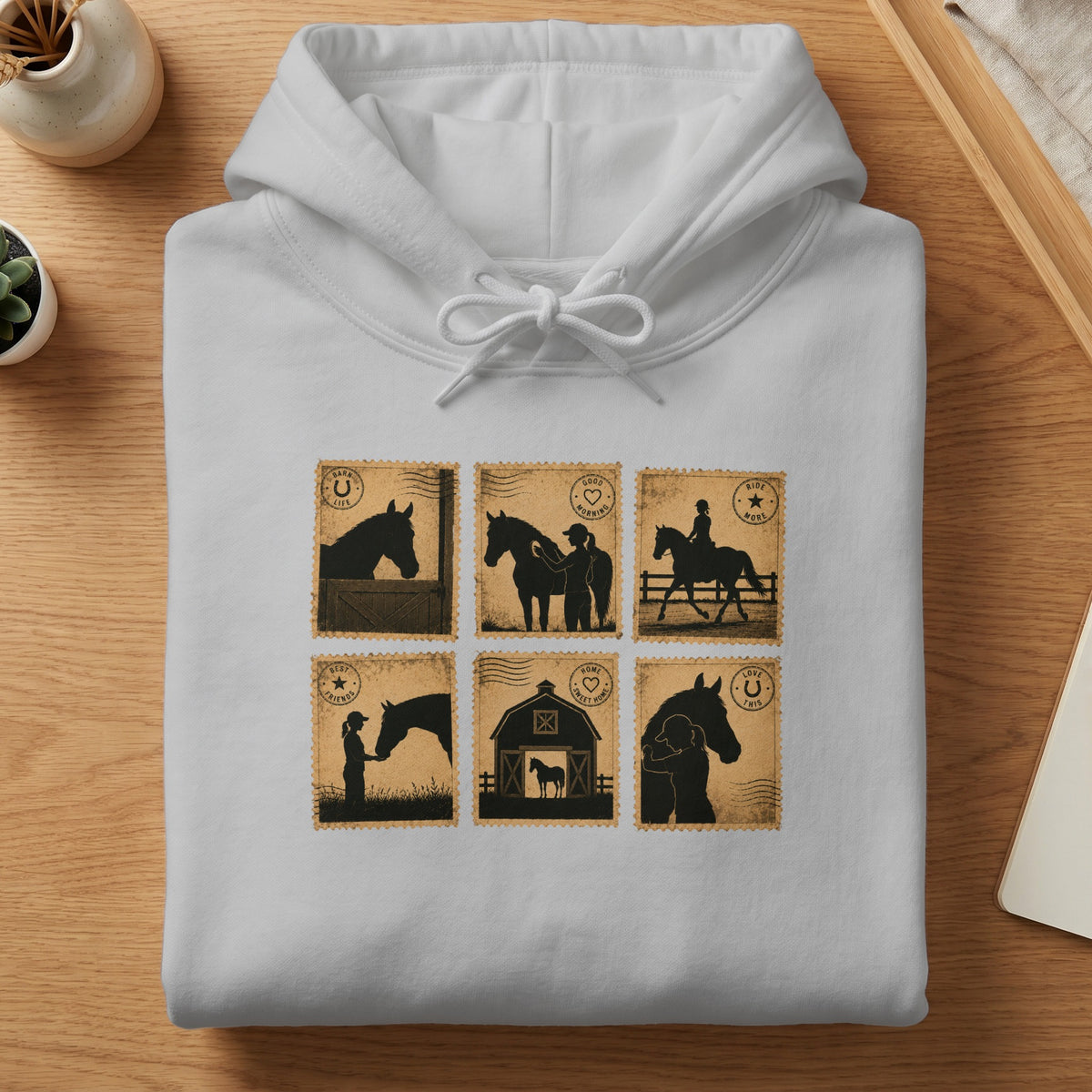 White hoodie with six vintage stamp designs featuring horses and equestrian themes.