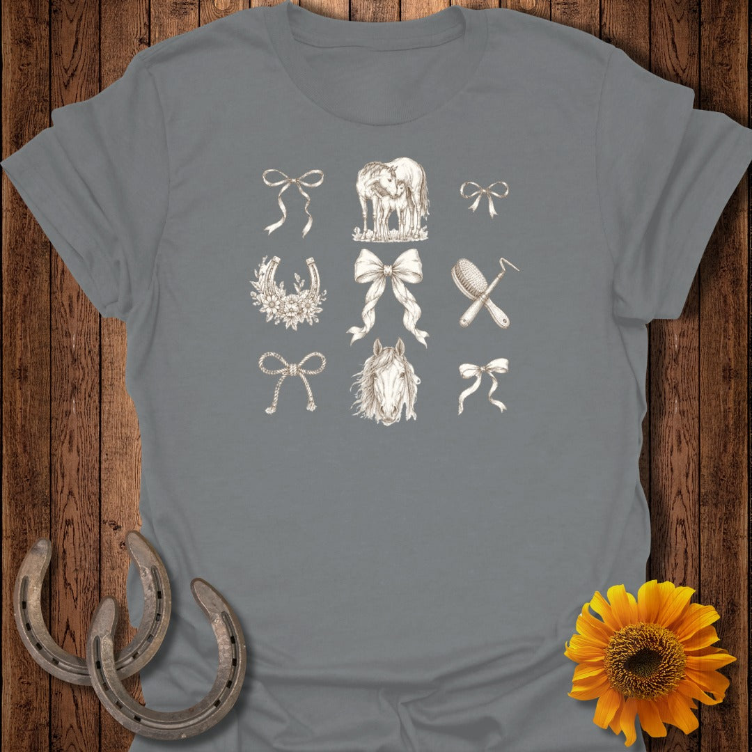 Horse-themed graphic tee with horseshoes, bows, and horse imagery.