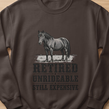 Brown sweatshirt with a vintage horse illustration and "Retired Unrideable Still Expensive" text.