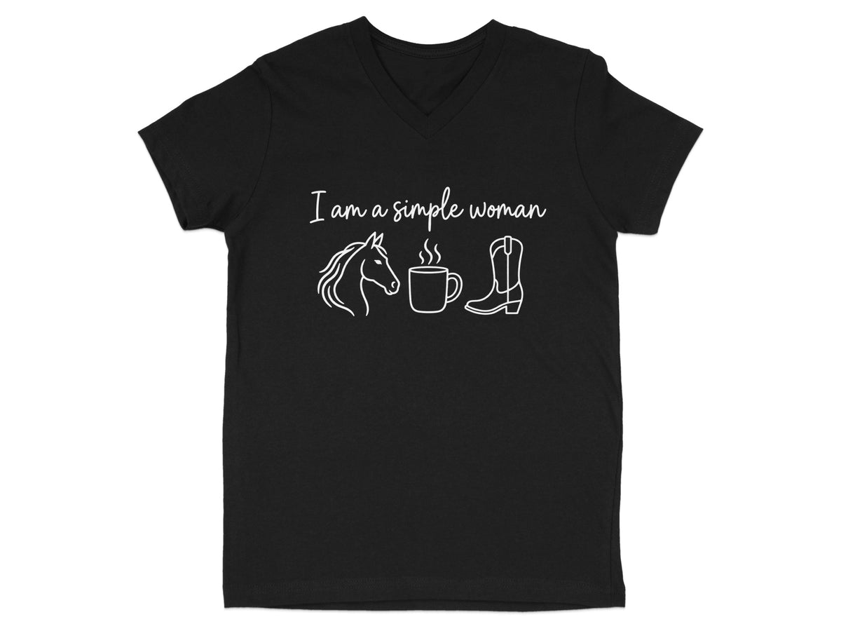 Black t-shirt with white text "I am a simple woman" and graphics of a horse, coffee cup, and cowboy boot.