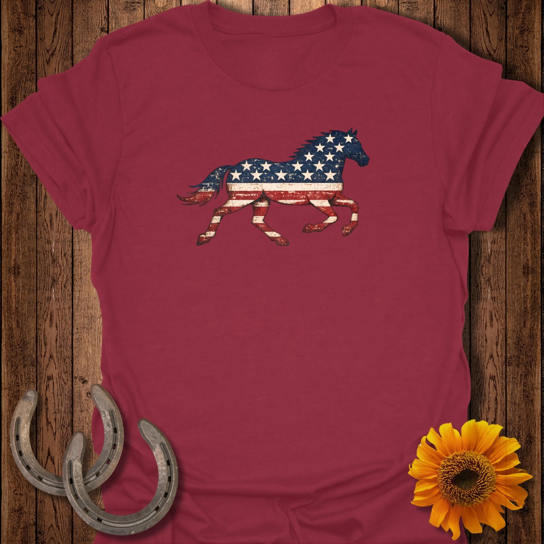 Maroon t-shirt with distressed American flag horse graphic.