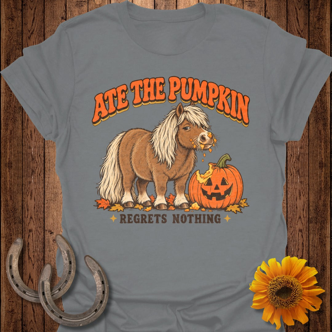 Brown pony eating a pumpkin with text "ATE THE PUMPKIN REGRETS NOTHING".