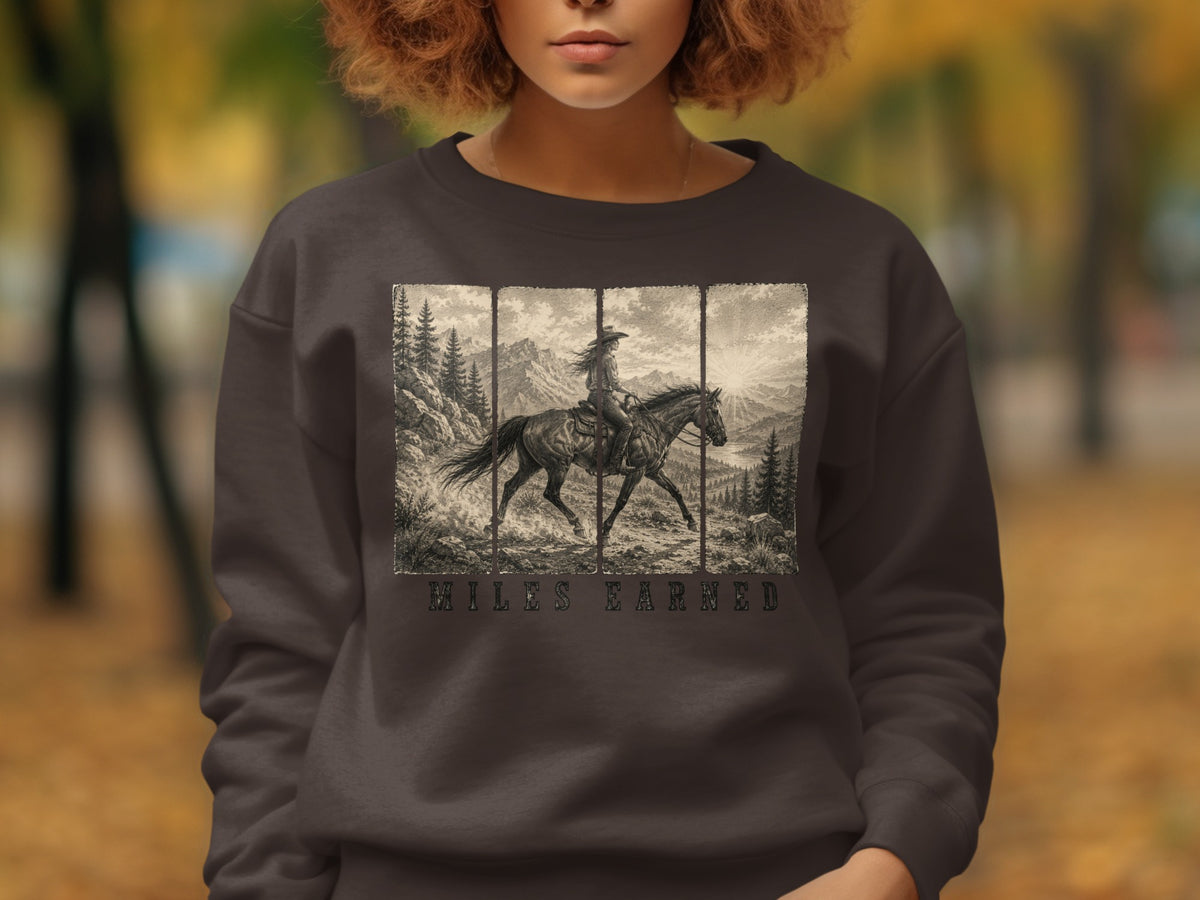 Cowboy on horseback with mountains and sun. "Miles Earned" text below.