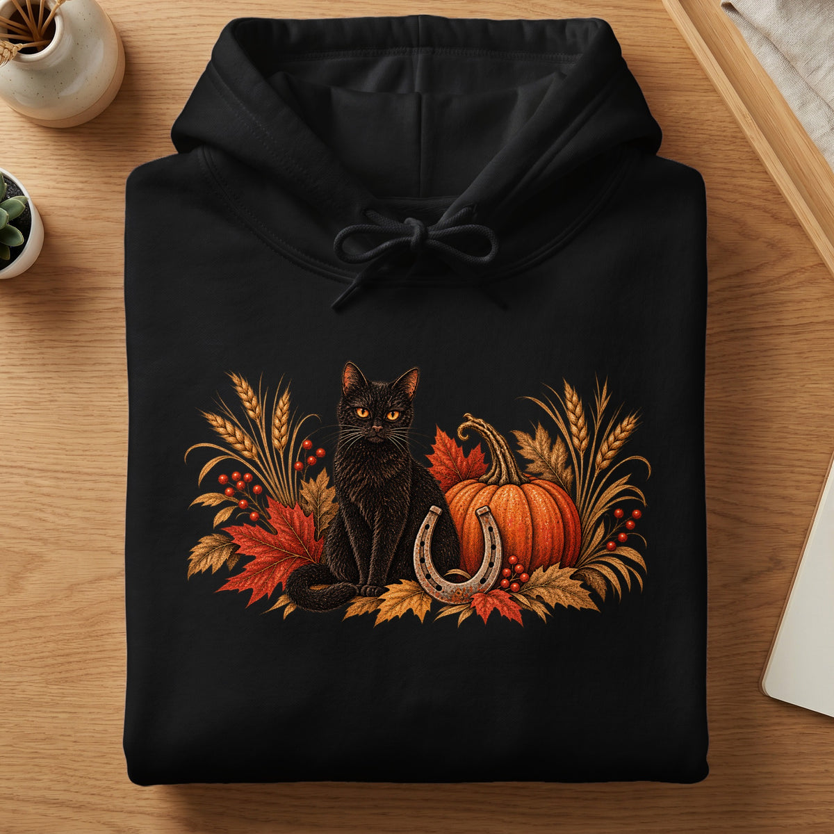 Black hoodie with a festive autumn design featuring a black cat, pumpkin, and horseshoe.