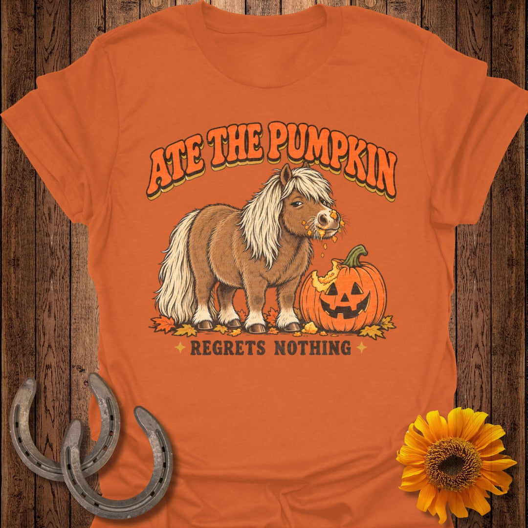 Pony eating a pumpkin with text "Ate The Pumpkin Regrets Nothing".