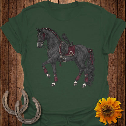 Dark green t-shirt with a detailed illustration of a black horse with red accents.