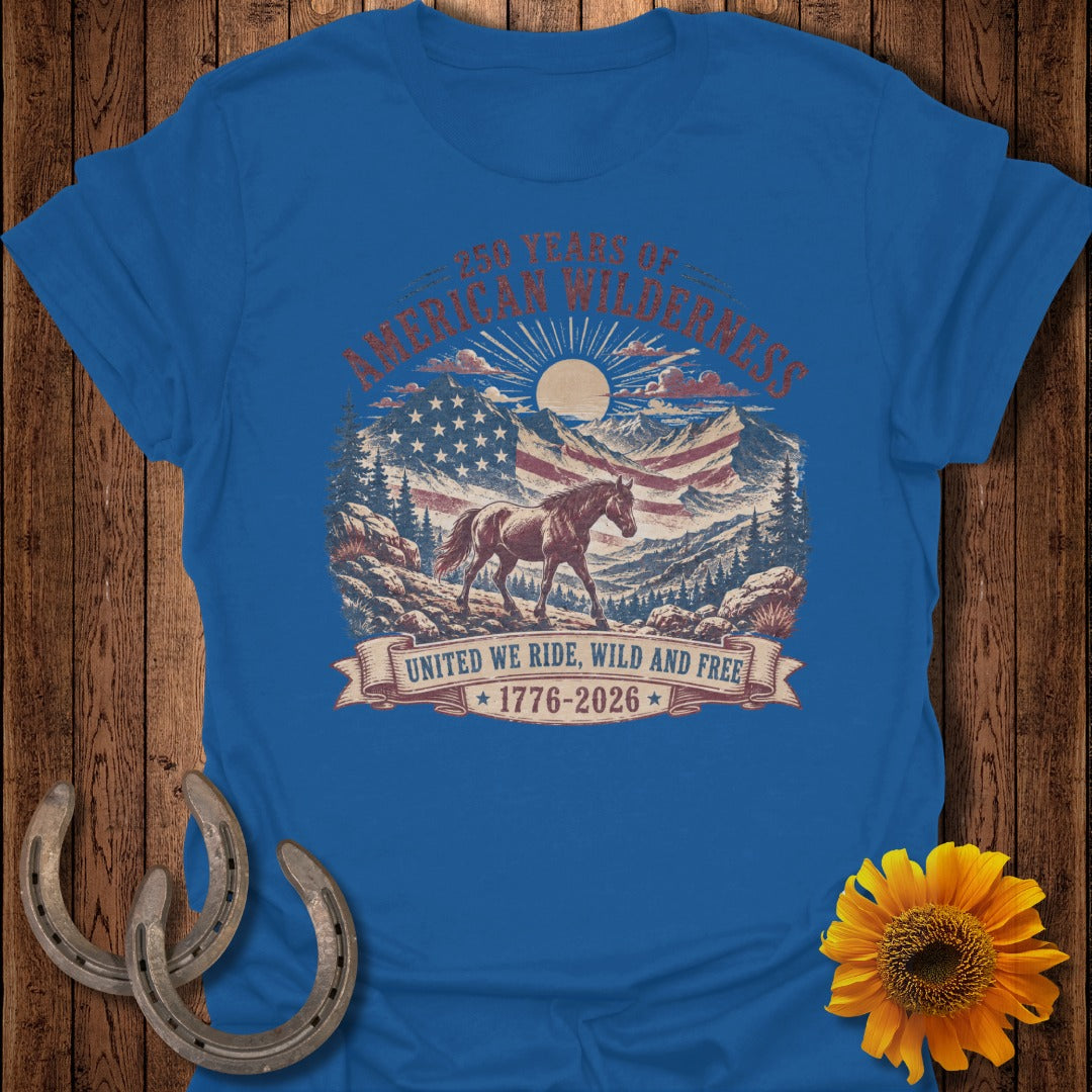 Blue t-shirt with American flag, eagle, and horse design.