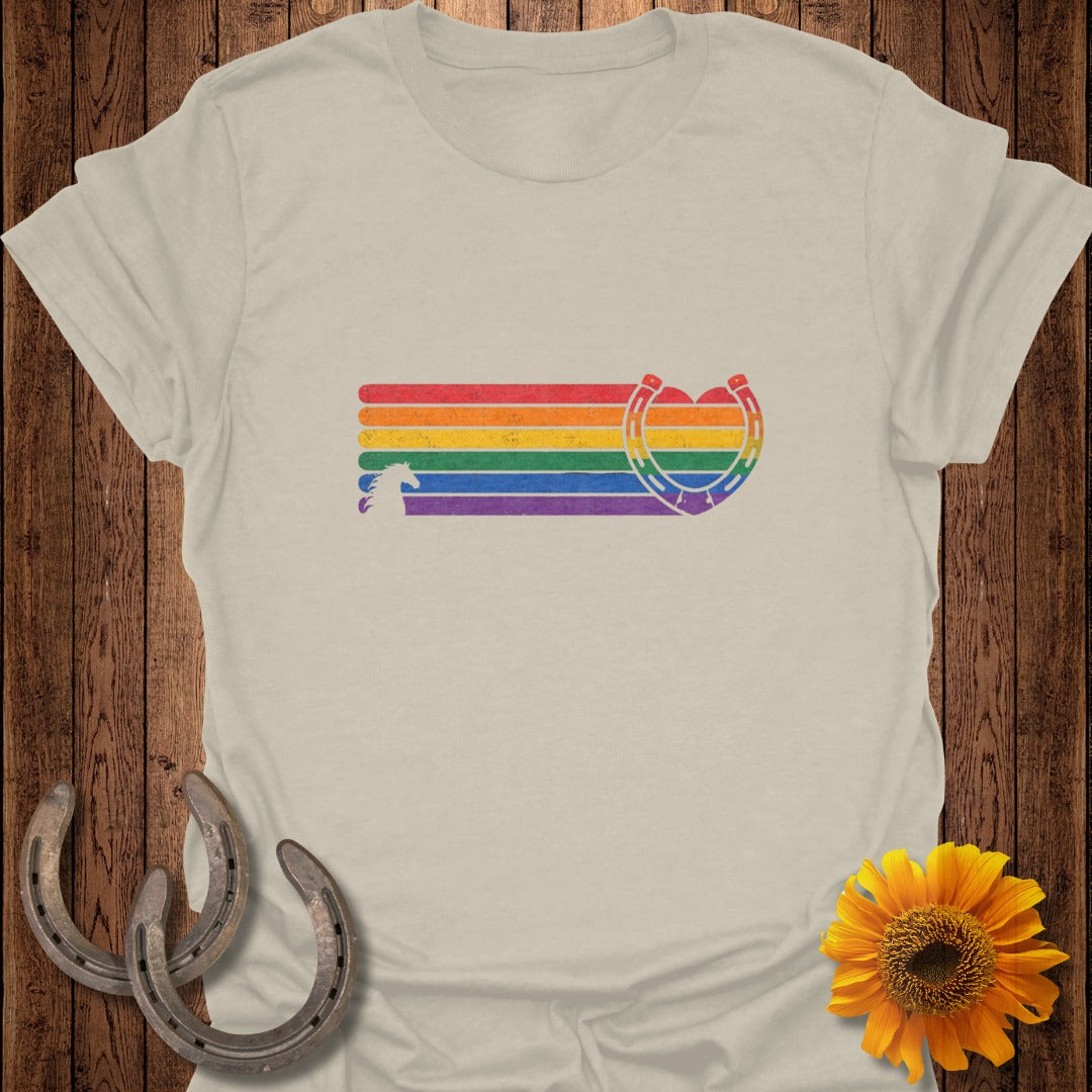 Rainbow horseshoe heart with a horse silhouette on a t-shirt.