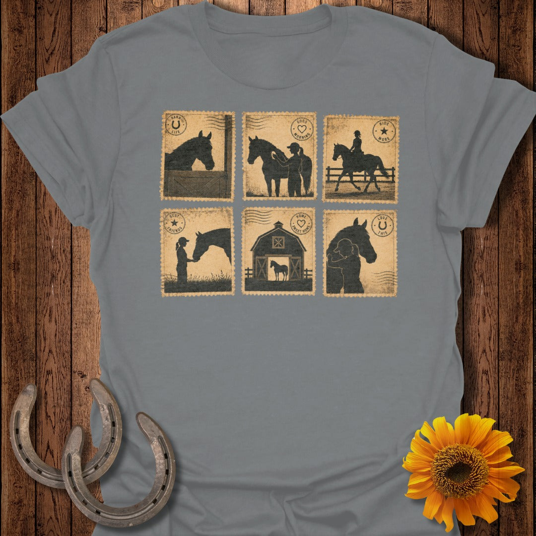 Six postage stamp-style graphics featuring horses and riders on a gray t-shirt.