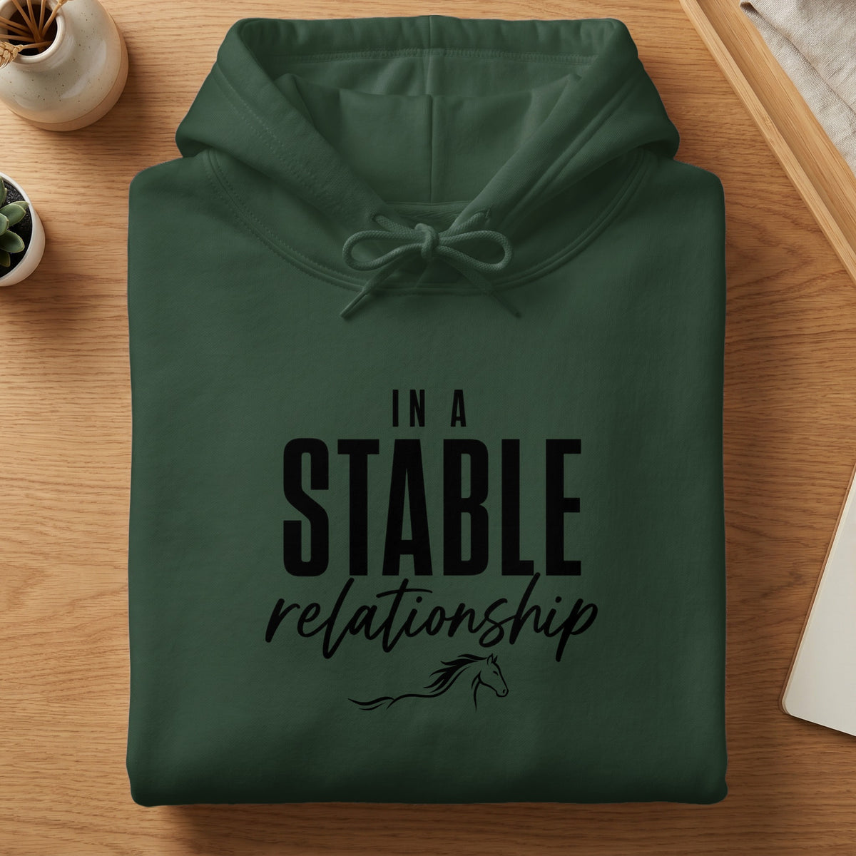 Green hoodie with "In a stable relationship" text and horse graphic.