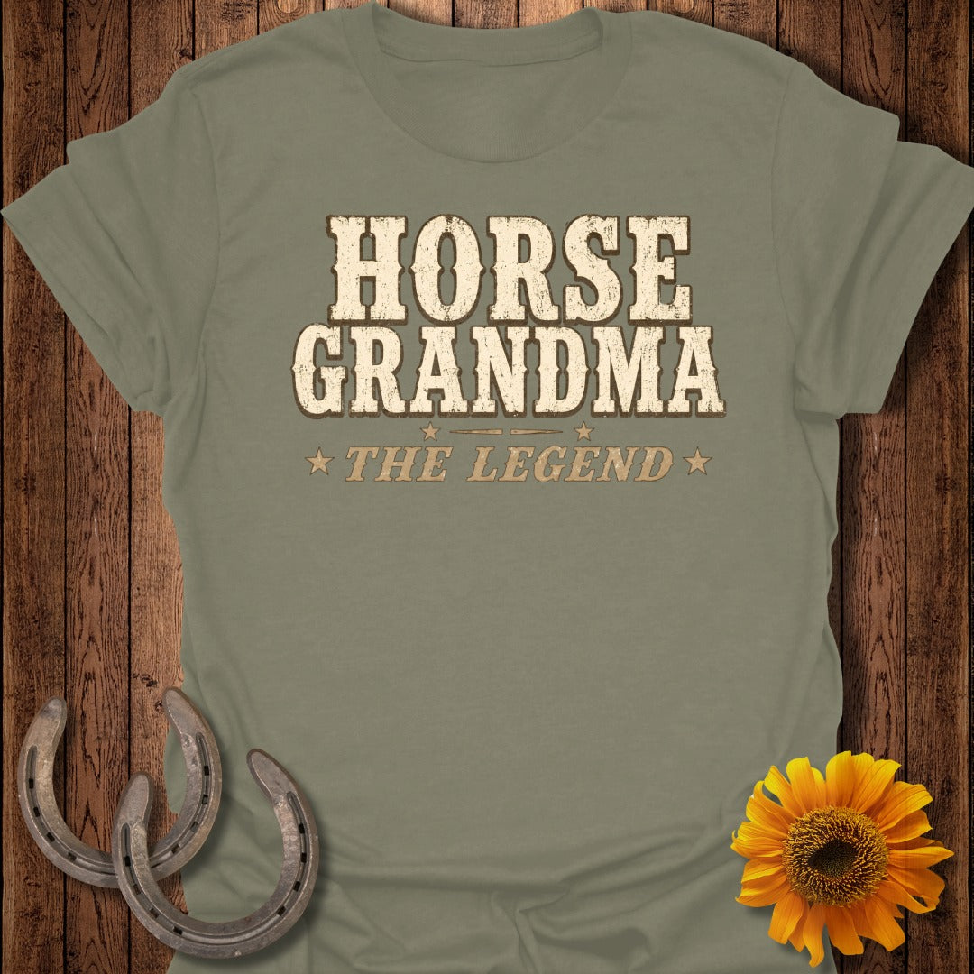 Olive green t-shirt with text "HORSE GRANDMA THE LEGEND".