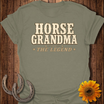 Olive green t-shirt with text "HORSE GRANDMA THE LEGEND".