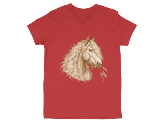 Red t-shirt with detailed sketch of a horse head eating oats.