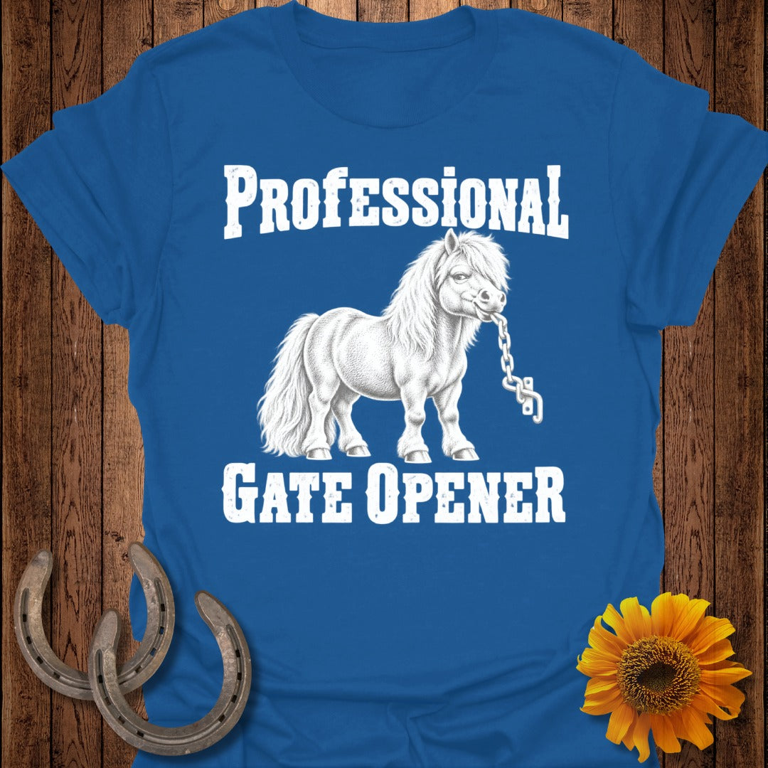White pony with chain in mouth on blue t-shirt, text "PROFESSIONAL GATE OPENER".