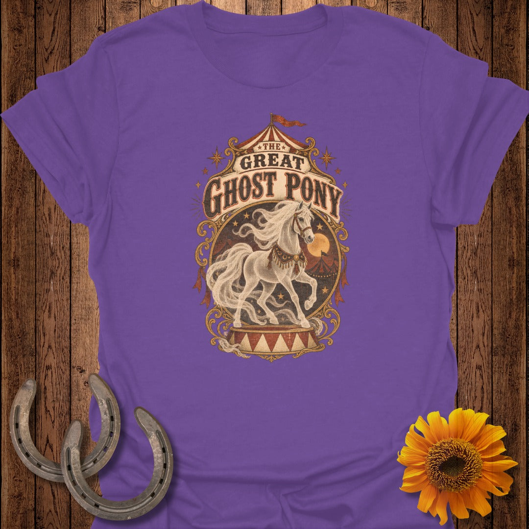 Purple t-shirt with "The Great Ghost Pony" circus-themed graphic.