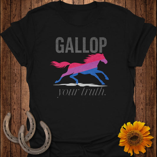 Black t-shirt with "GALLOP your truth" and a bi-colored horse silhouette.