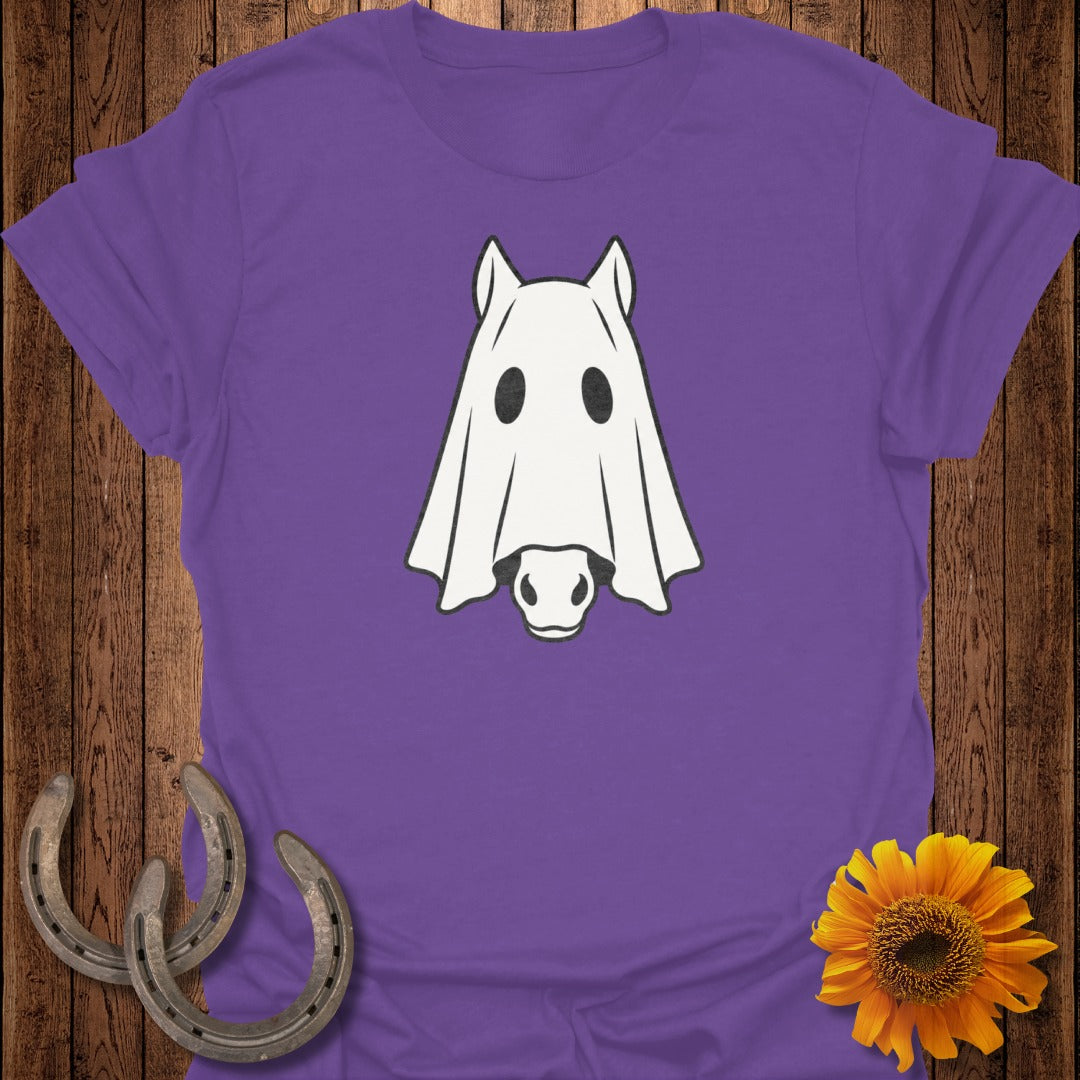 Purple t-shirt with a white ghost horse graphic, horseshoes, and sunflower.