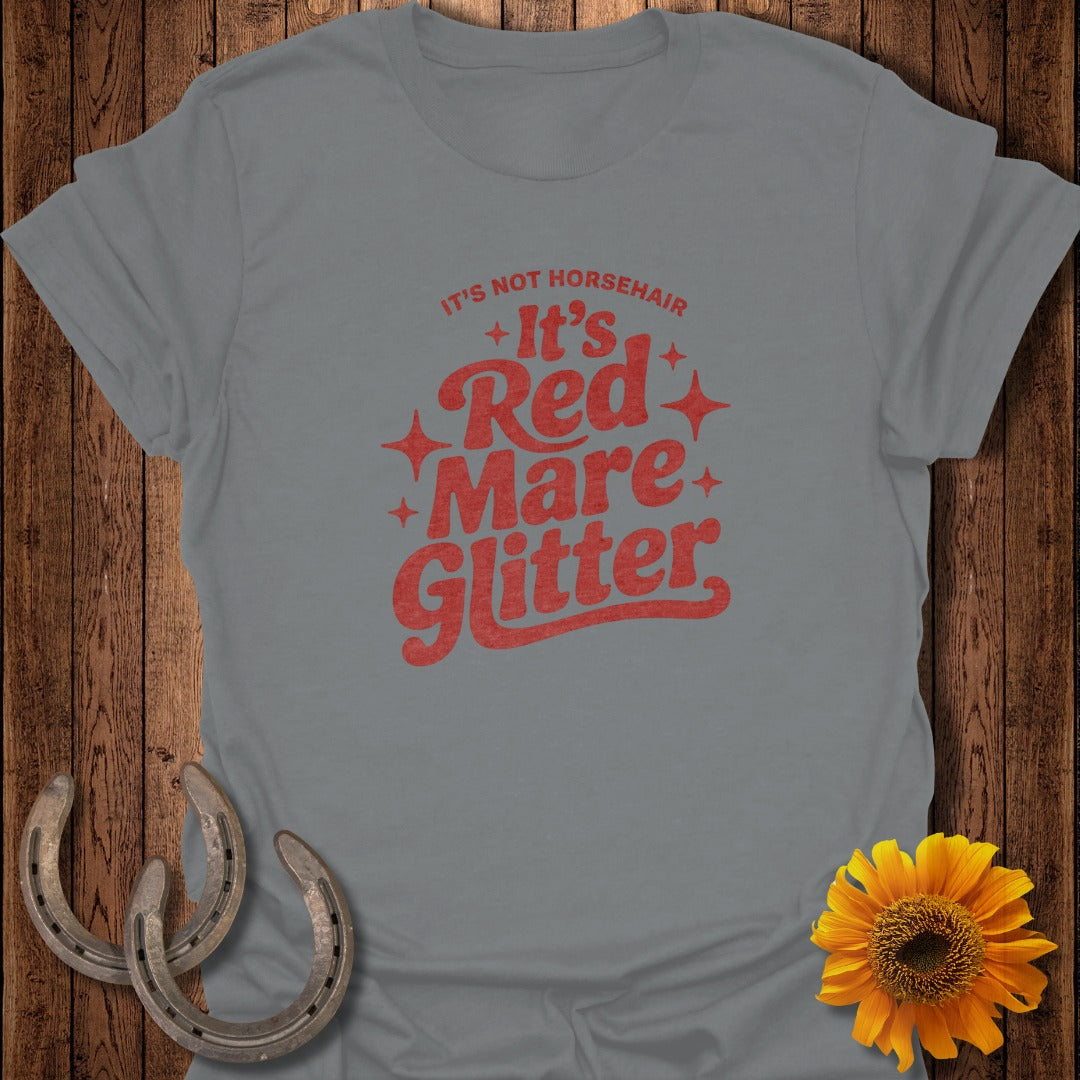 Grey t-shirt with "It's Red Mare Glitter" text and decorative stars.