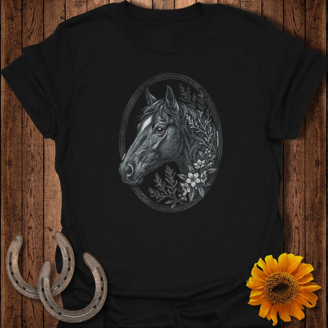 Black t-shirt with oval horse head illustration framed by flowers.