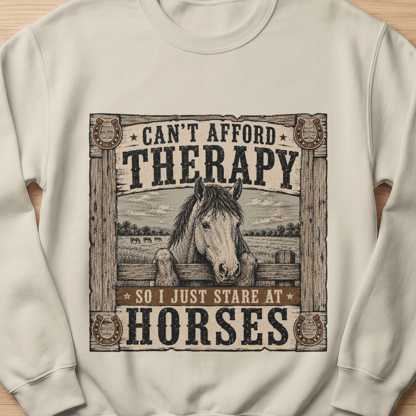 Horse peeking over fence with text "Can't afford therapy so I just stare at horses."