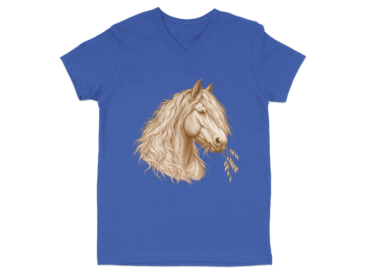 Blue v-neck t-shirt with a sepia-toned drawing of a horse eating oats.