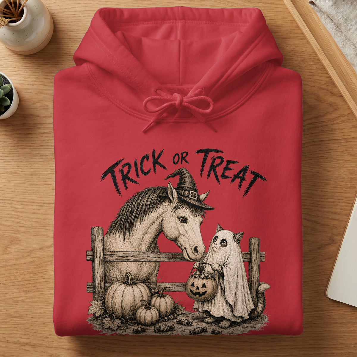 Red hoodie with "Trick or Treat" text, horse, and ghost cat with pumpkins.