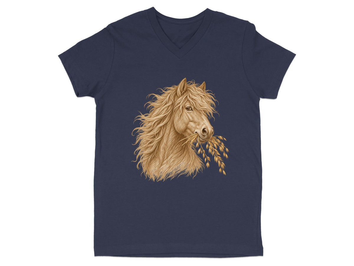 Brown horse head with flowing mane chewing on wheat stalks on a navy v-neck t-shirt.