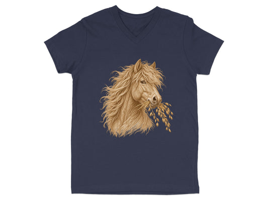 Brown horse head with flowing mane chewing on wheat stalks on a navy v-neck t-shirt.
