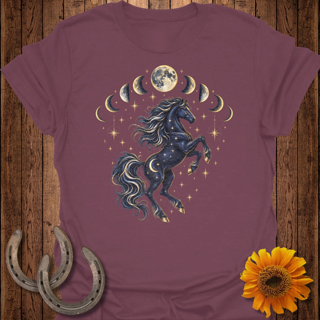 Maroon t-shirt with cosmic horse design, moon phases, and stars.
