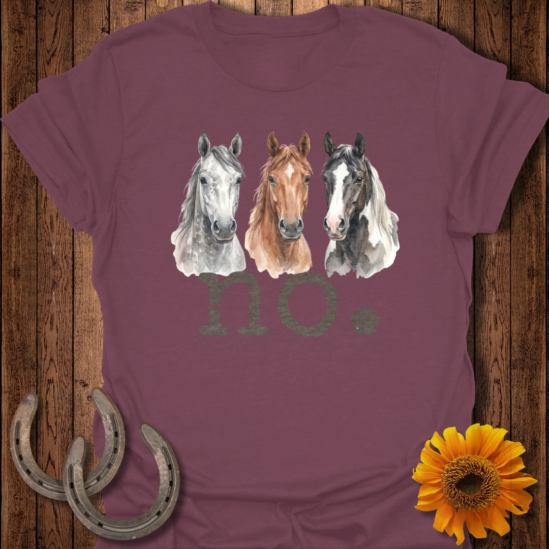 Three watercolor horses with large text "NO" in front.