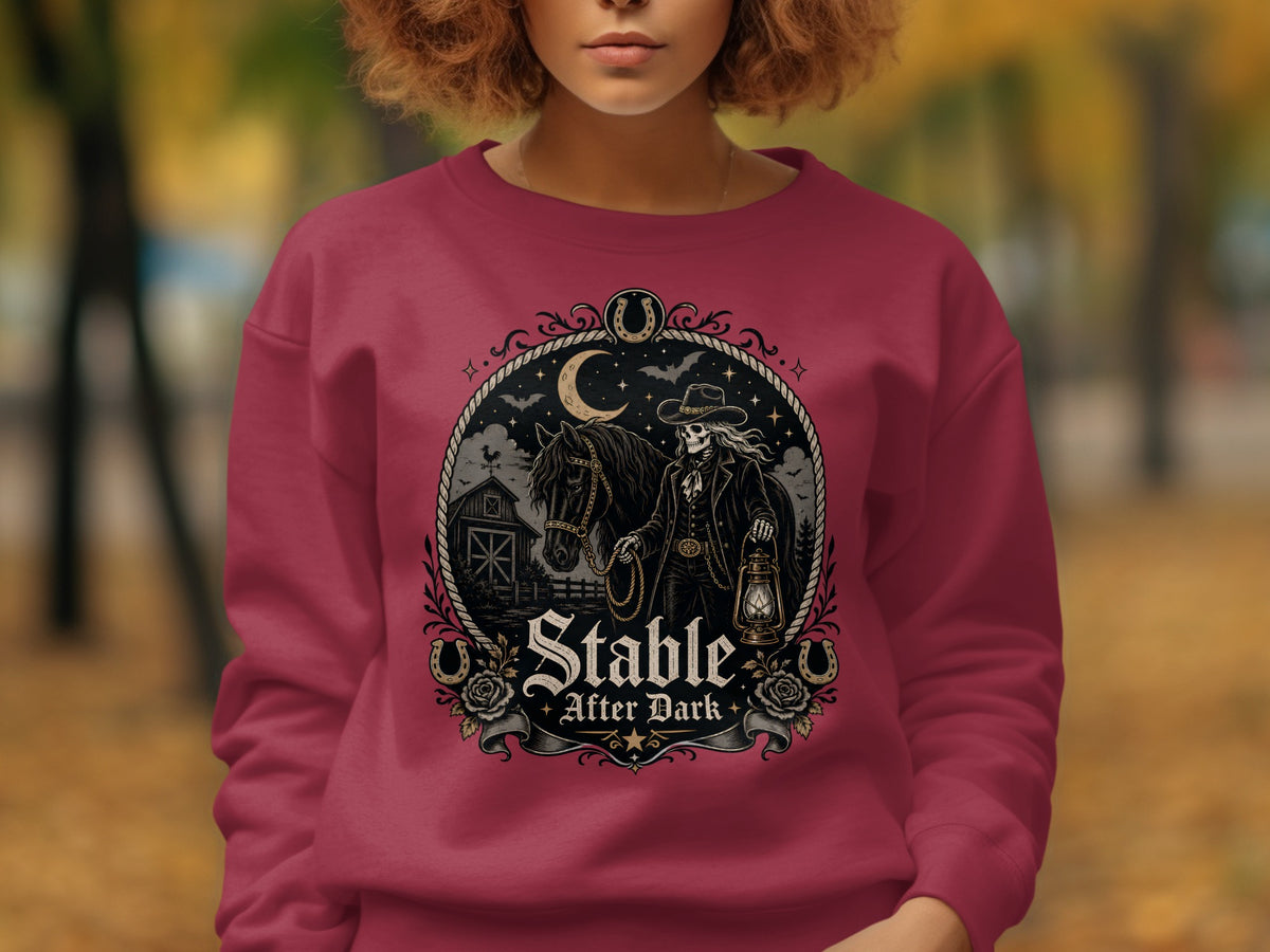 Skeleton cowboy with horse and lantern, text "Stable After Dark".