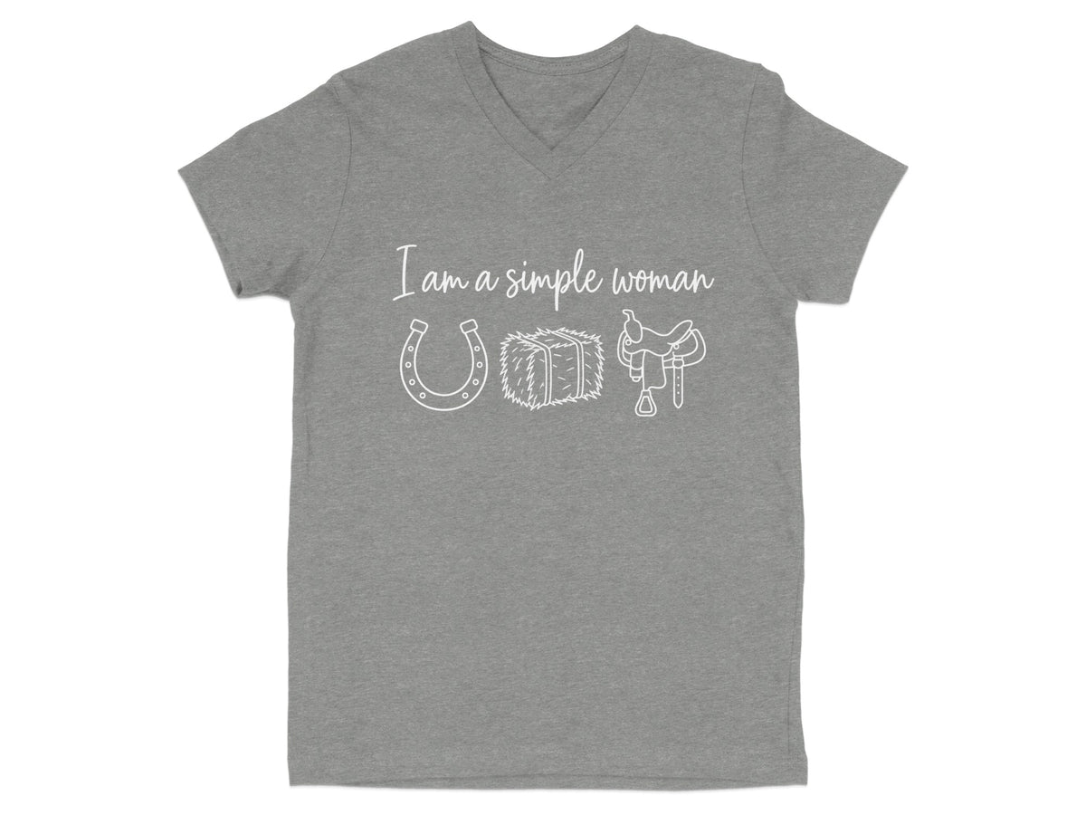 Grey v-neck t-shirt with "I am a simple woman" and icons of a horseshoe, hay bale, and saddle.