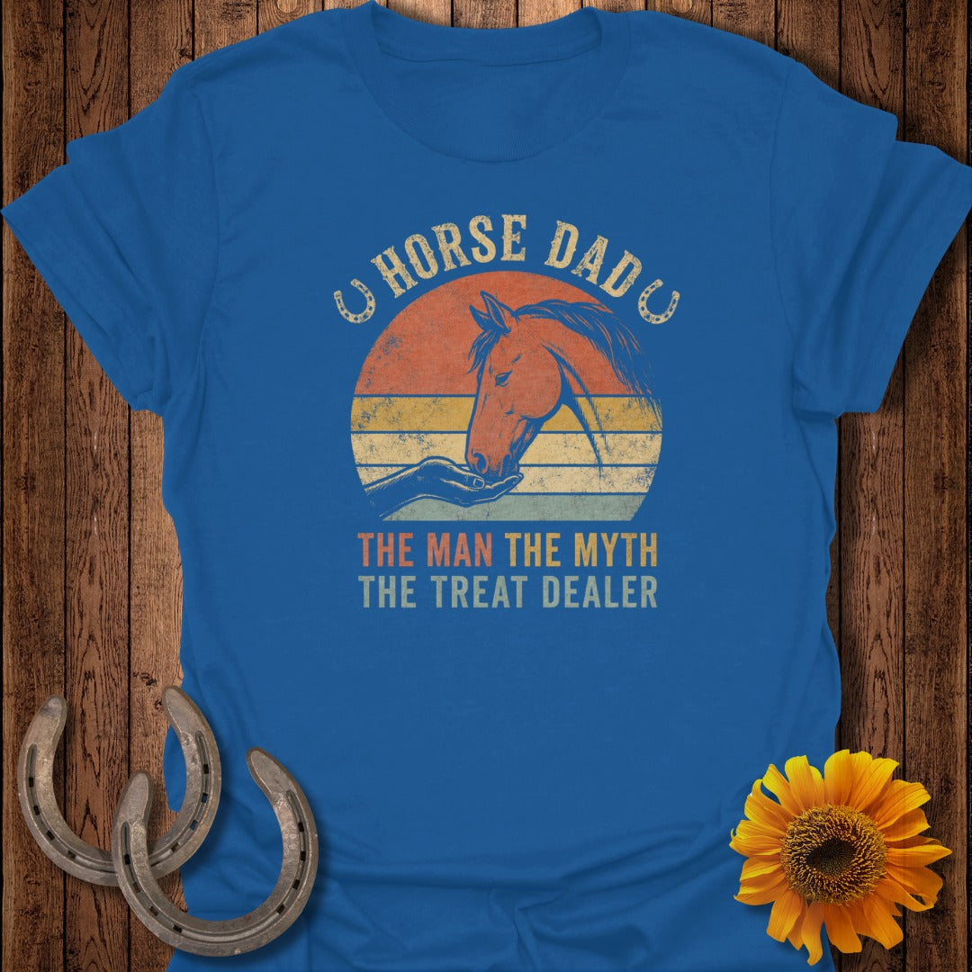 Blue t-shirt with sunset graphic and text: Horse Dad, The Man The Myth The Treat Dealer.