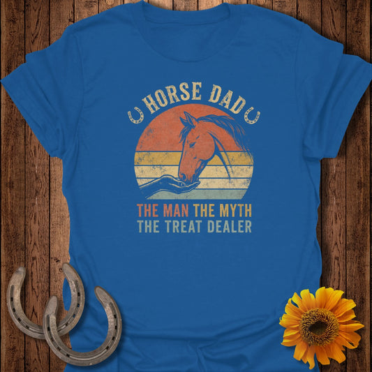 Blue t-shirt with sunset graphic and text: Horse Dad, The Man The Myth The Treat Dealer.