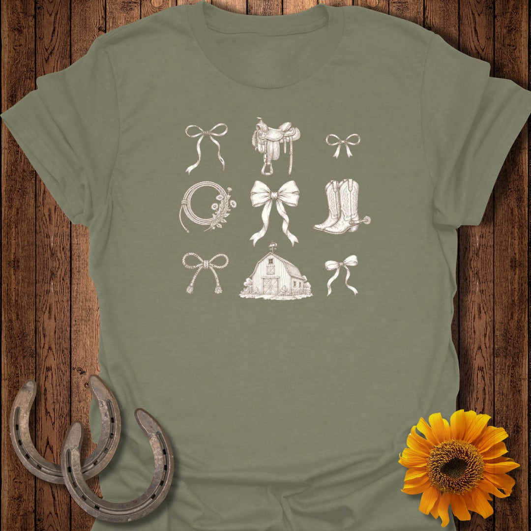 T-shirt with line drawings of western-themed items like bows, a saddle, and a barn.