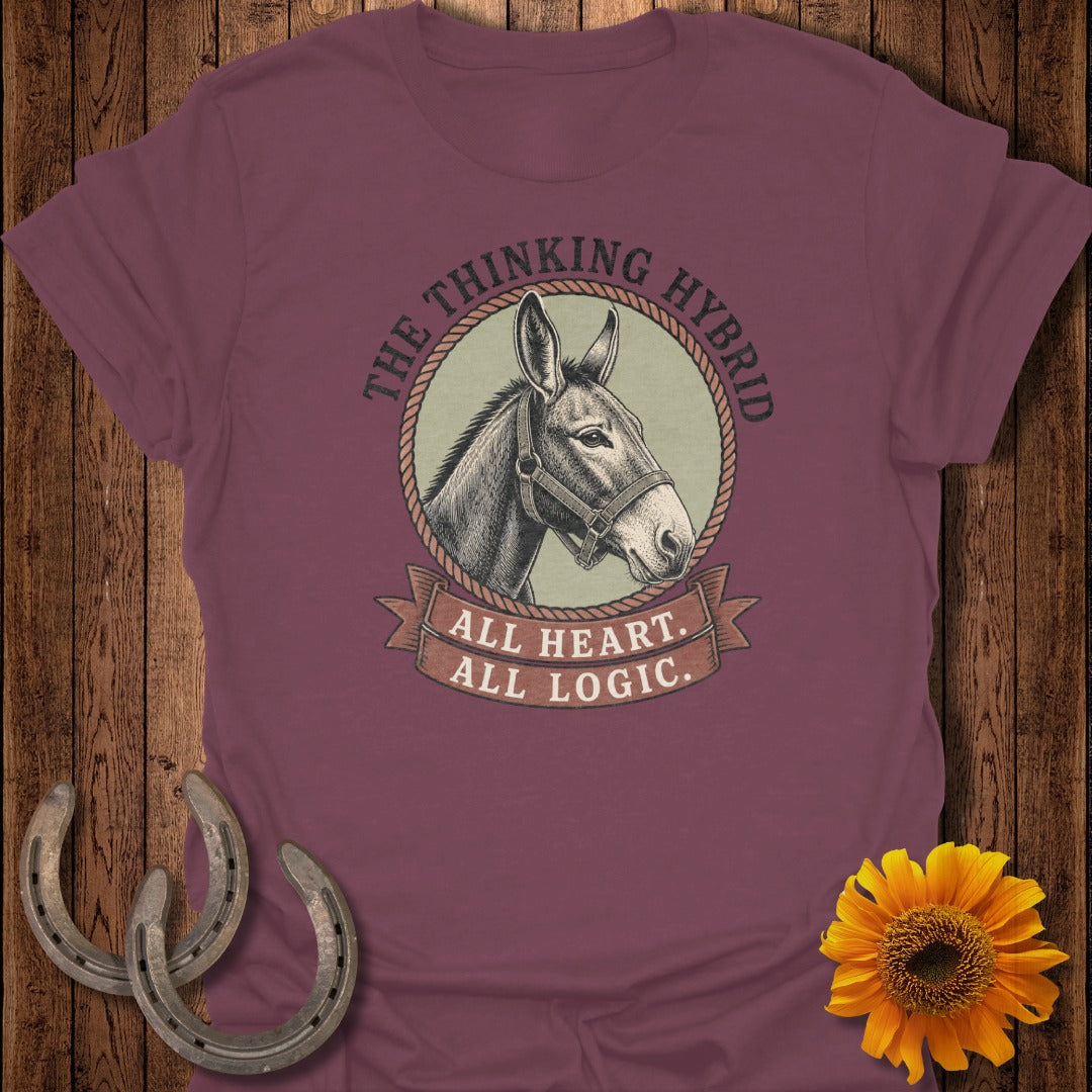 Maroon t-shirt with a donkey head in a circle and "All Heart, All Logic" text.