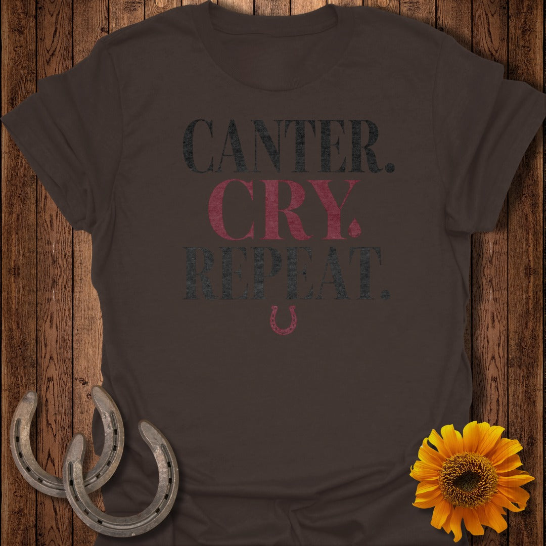 Brown t-shirt with "CANTER. CRY. REPEAT." text and a horseshoe.