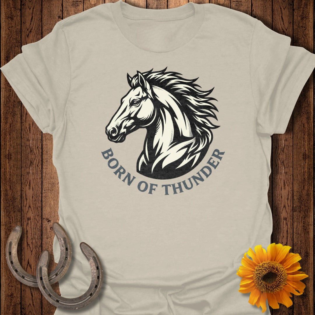 T-shirt with black horse head and "BORN OF THUNDER" text.