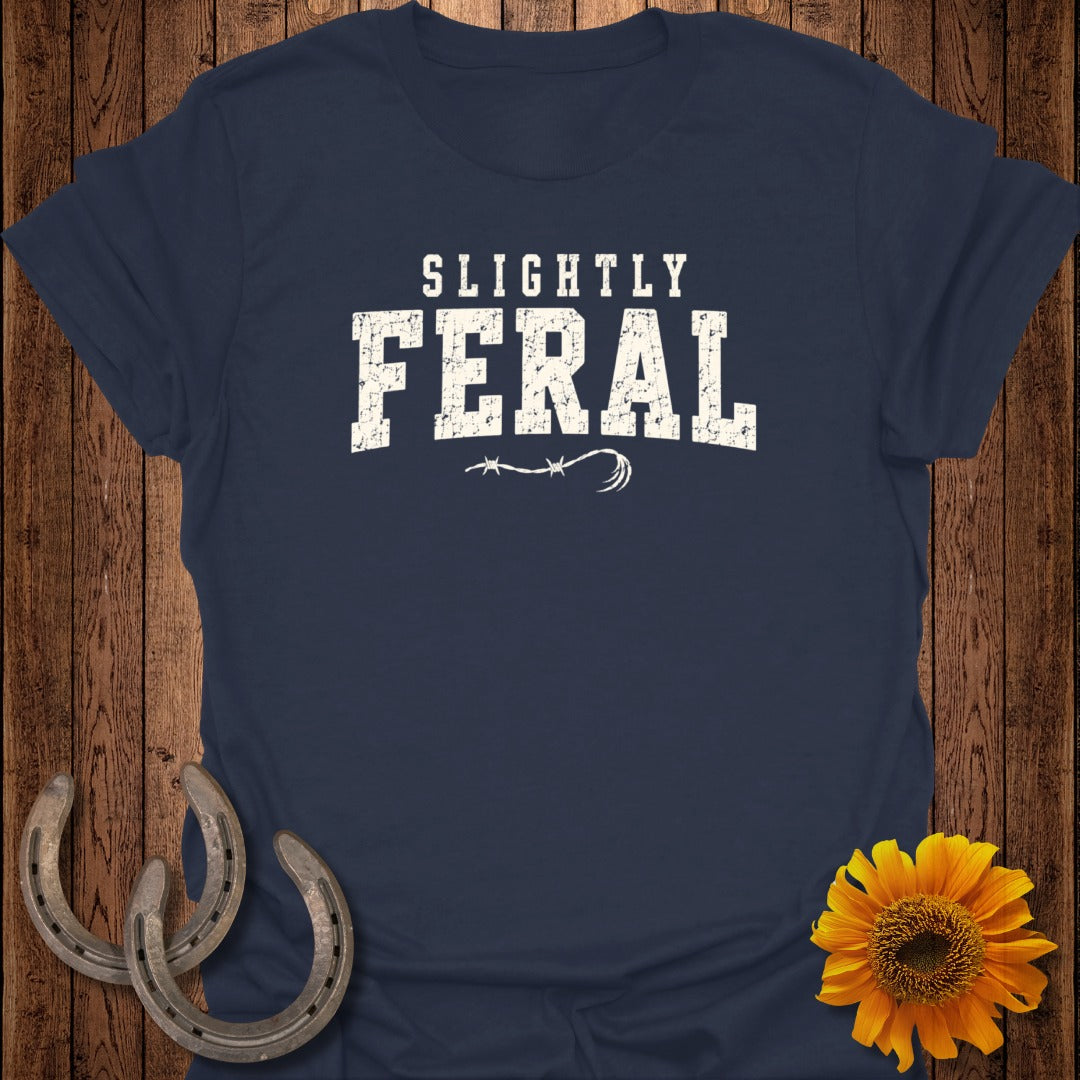 Navy t-shirt with "Slightly Feral" text, horseshoes, and sunflower.