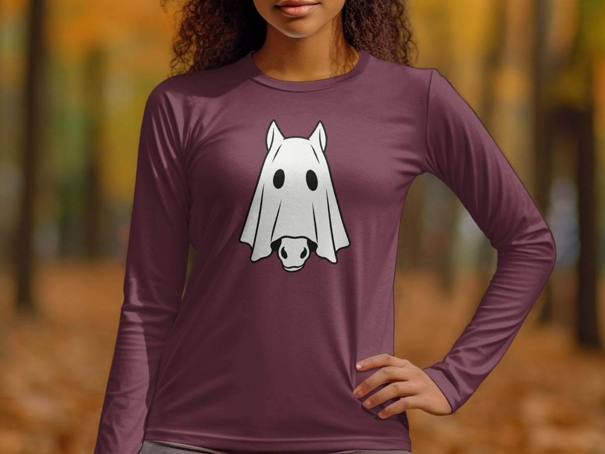 Long sleeve shirt with a white ghost horse graphic on a maroon background.