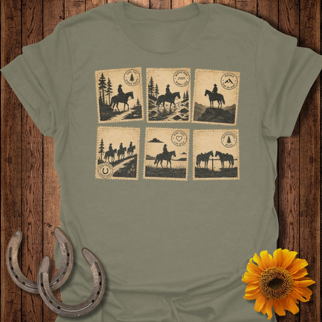 T-shirt with six vintage postcard-style horse and rider illustrations.