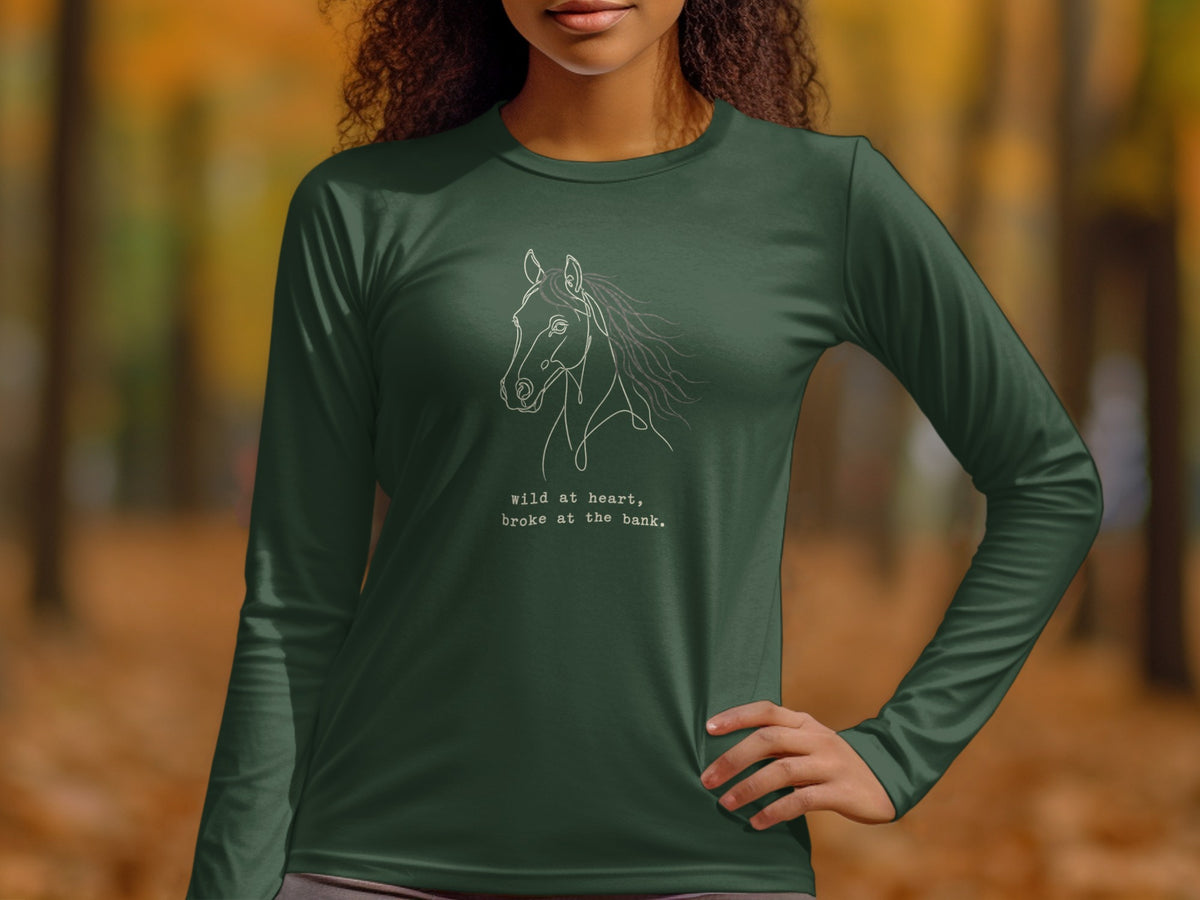 Long sleeve dark green shirt with a white line drawing of a horse and text.
