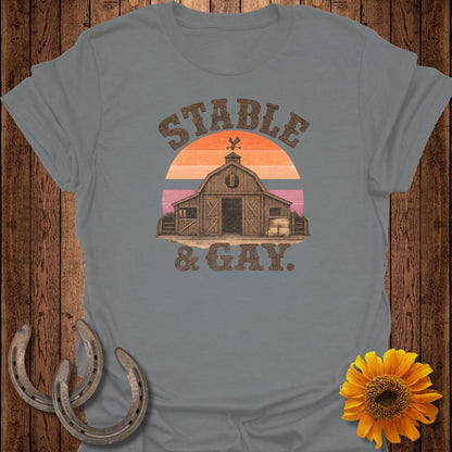 Barn with sunset and "Stable & Gay" text.