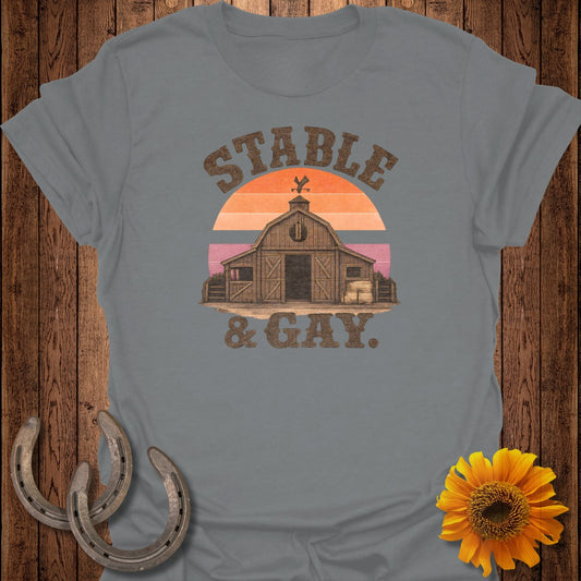 Barn with sunset and "Stable & Gay" text.